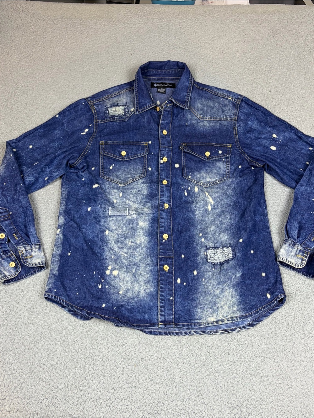 Rocawear Distressed Blue Denim Button-Down Shirt with White Paint Splatter